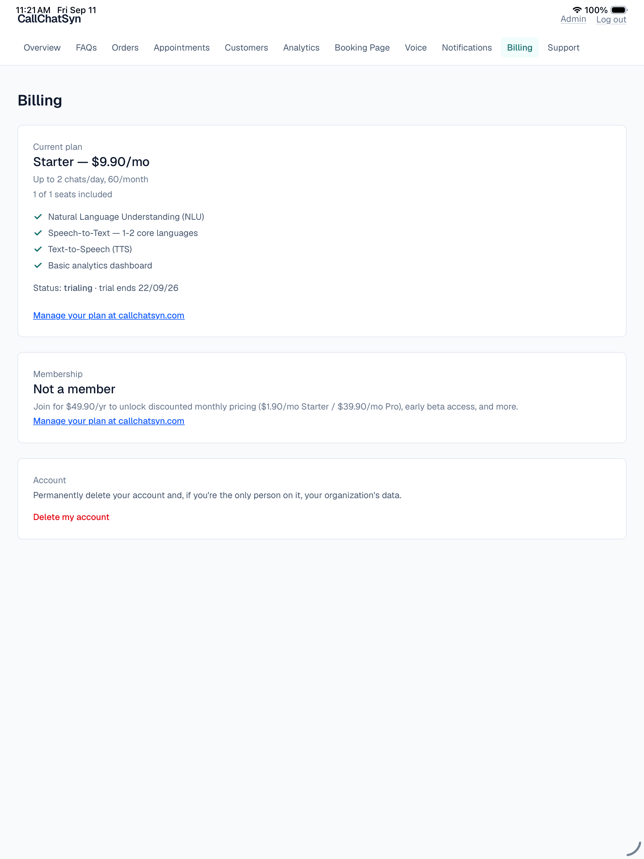 The CallChatSyn billing page showing plan, pricing, and membership details